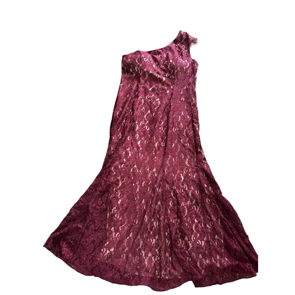 Burgundy Merlot One-shoulder Glitter Sparkle Stretch Lace Formal Gown Dress 18w